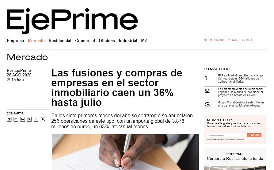 Las fusiones y compras de empresas en el sector inmobiliario caen un 36% hasta julio